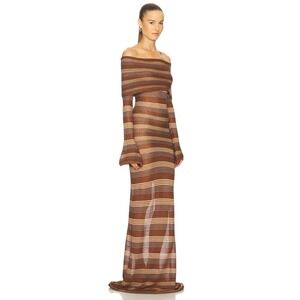 Aya Muse Zibal Dress Brown Multi Stripe Off Shoulder Knit Maxi Bell Sleeve XS